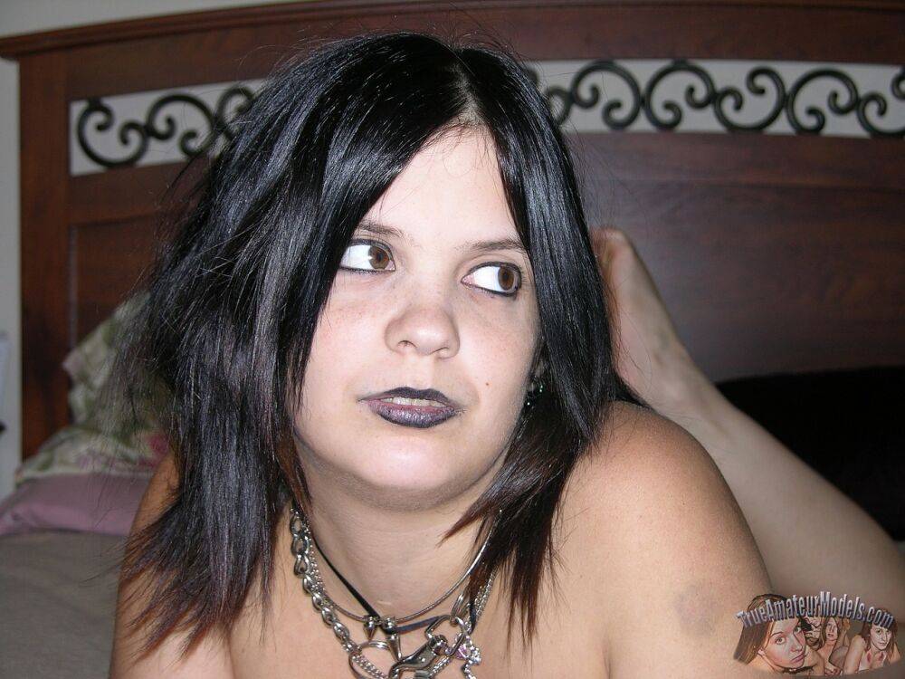 Chubby Goth teen with large tits shows her big ass and bald slit at once - #11