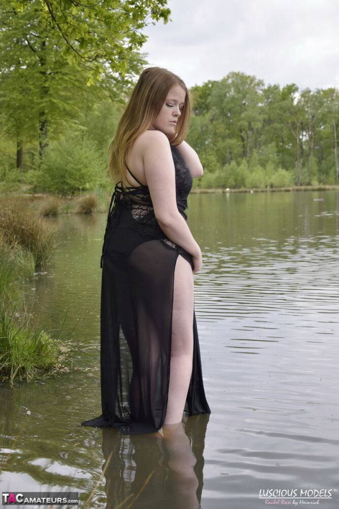 Redheaded amateur Luscious Models models lingerie while in a lake - #4