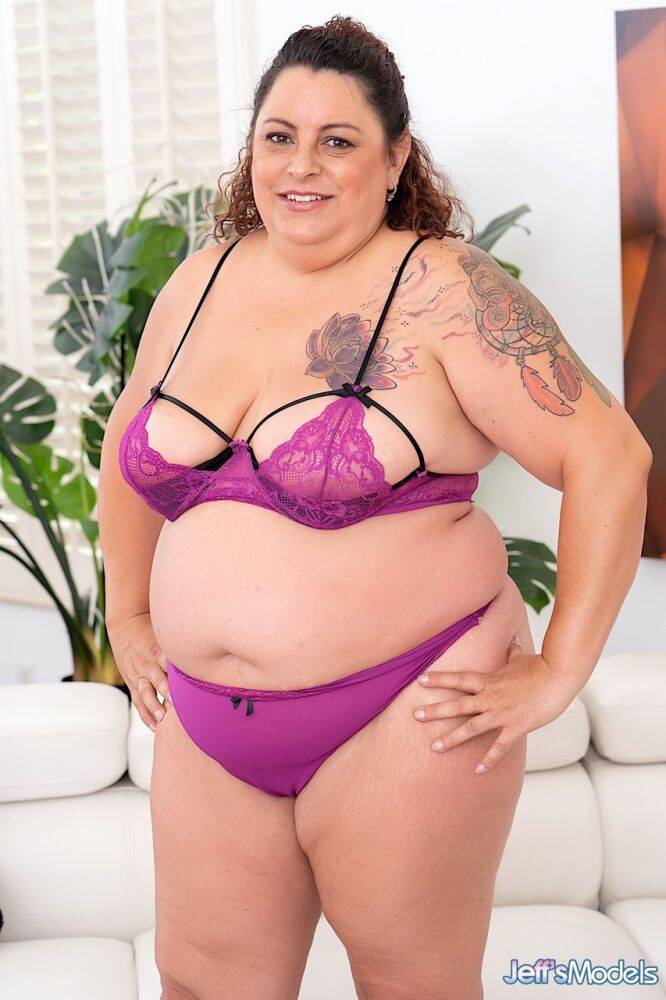 SSBBW Lacy Bangs removes a bra and thong set to get naked in heels - #2