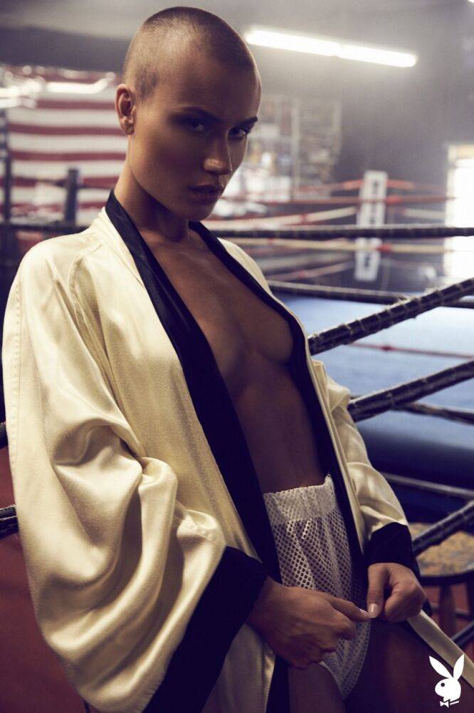 Athletic woman Vendela models semi-nude in boxing attire with a sweat on - #3