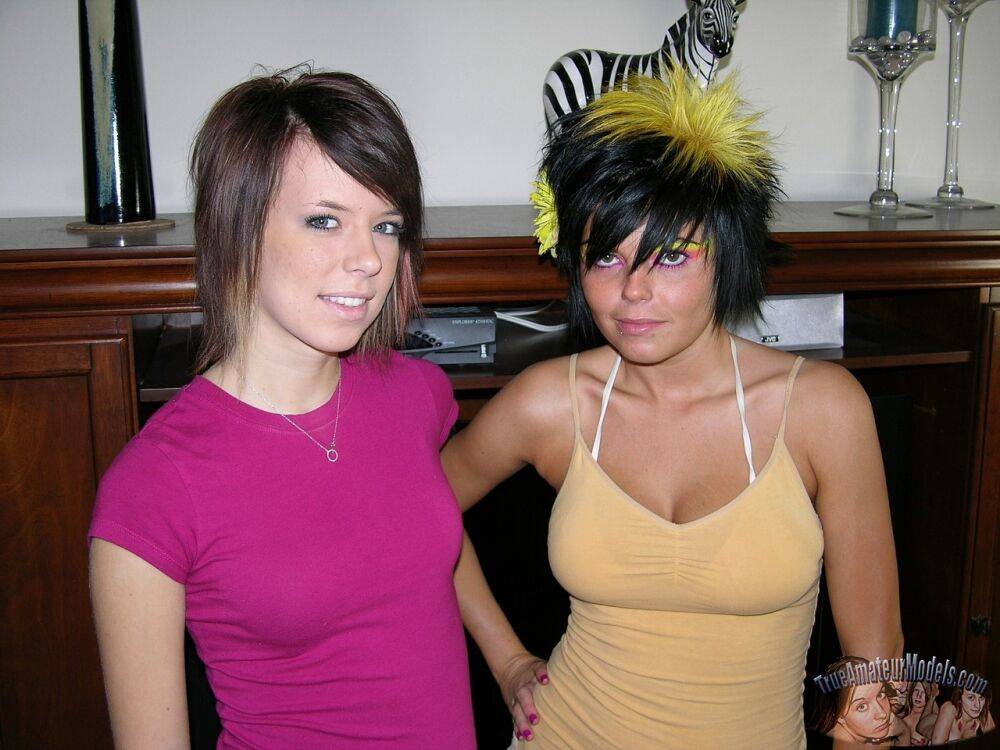 Amateur dykes from the USA doff micro skirts on way to posing nude together - #11