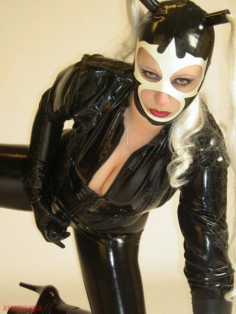 Platinum blonde Avengelique models head to toe latex apparel by herself - #5