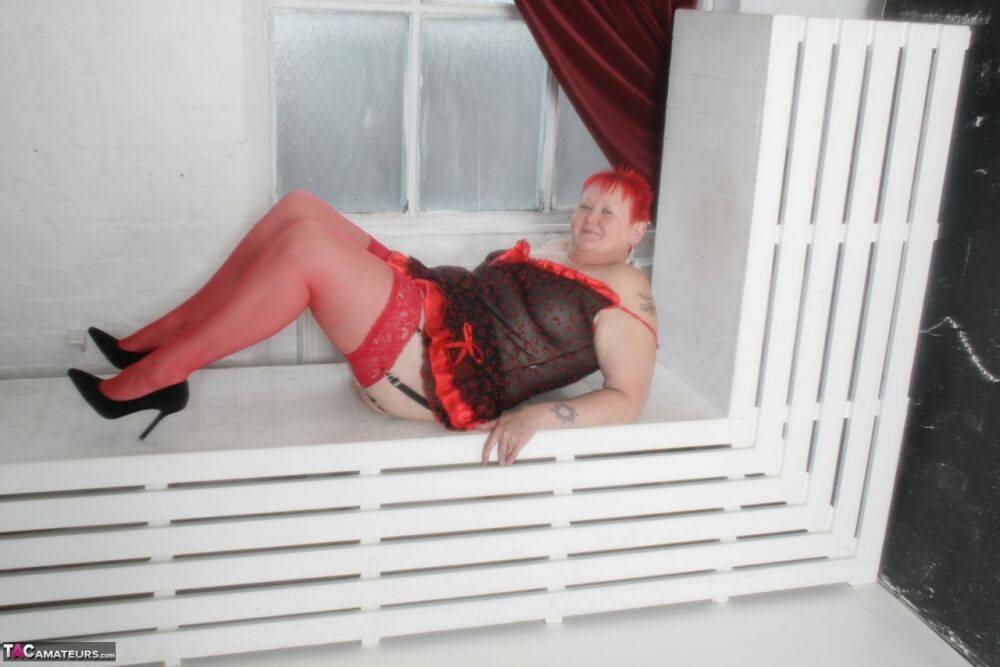 Older woman with short red hair Valgasmic Exposed models lingerie & red nylons - #5