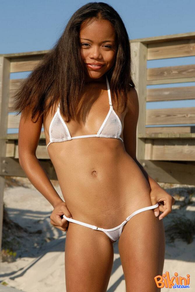 Stunning hot ebony Ruby models her tiny tits and petite ass in white bikini - #3