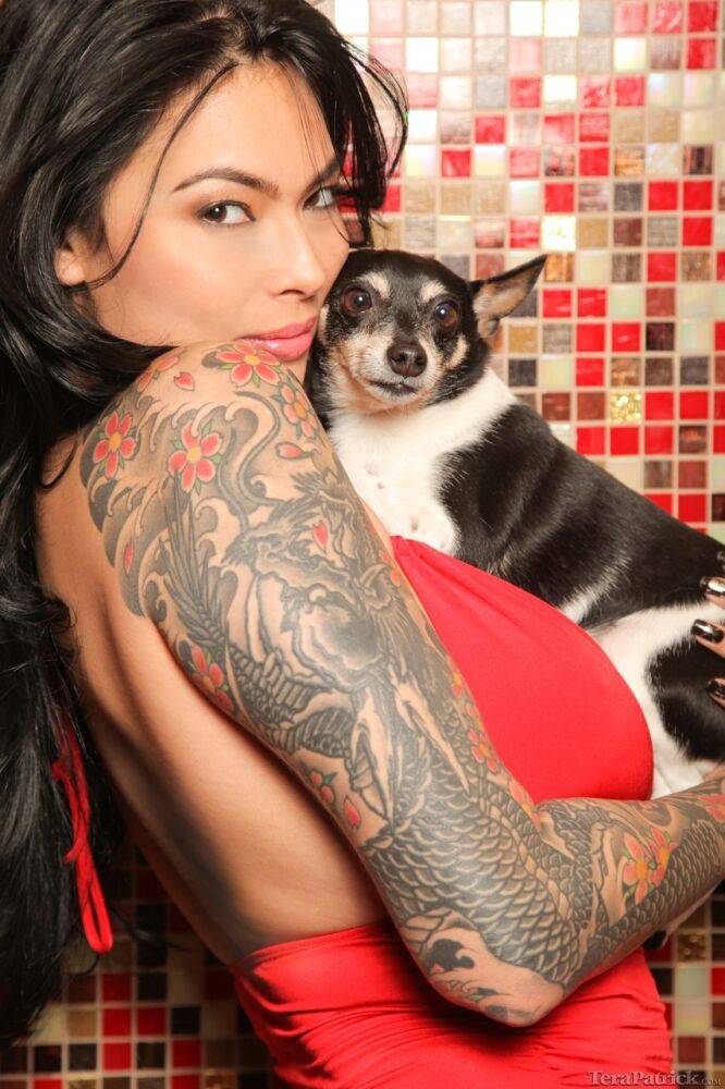 Tattooed brunette models a short red dress before snuggling a dog and a man - #11