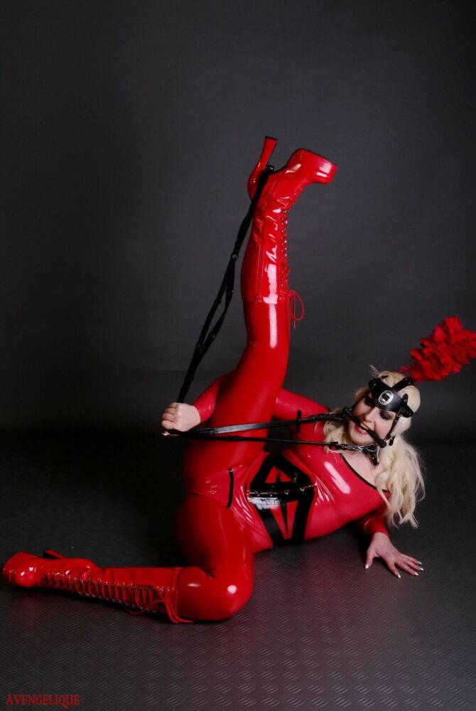 Hot blonde Dark Wing Zero models a red latex pony girl outfit by herself - #6