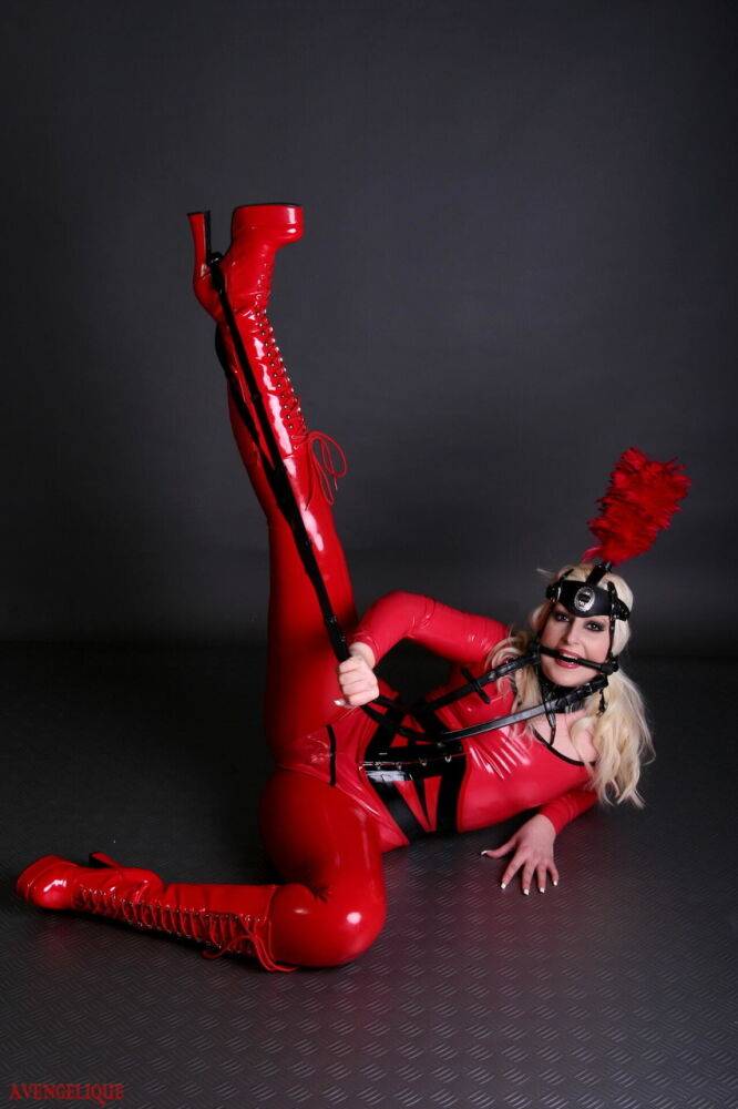 Hot blonde Dark Wing Zero models a red latex pony girl outfit by herself - #15