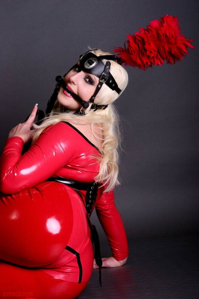 Hot blonde Dark Wing Zero models a red latex pony girl outfit by herself - #3