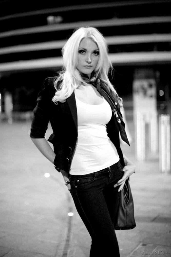 Platinum blonde models fully clothed during an outdoor shoot - #12