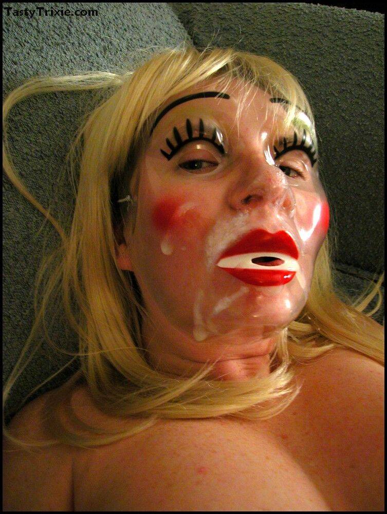 Mature amateur Tasty Trixie models a jizz covered mask during upskirt action - #5