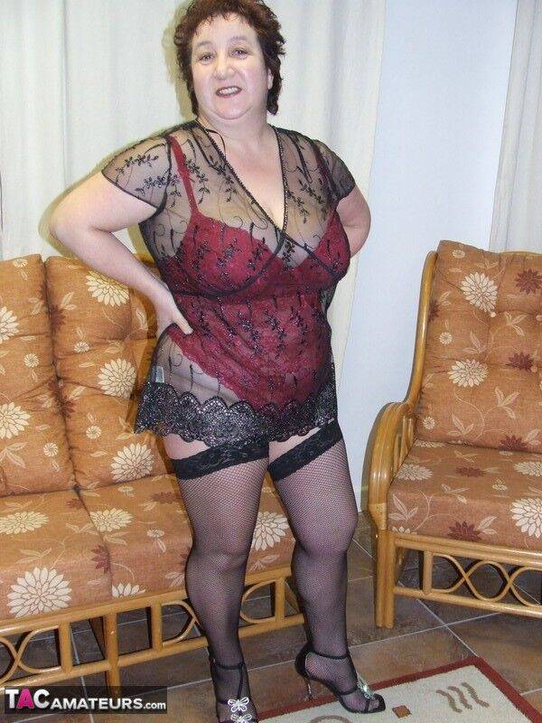 Mature BBW Kinky Carol models sexy lingerie in mesh stockings and heels - #9