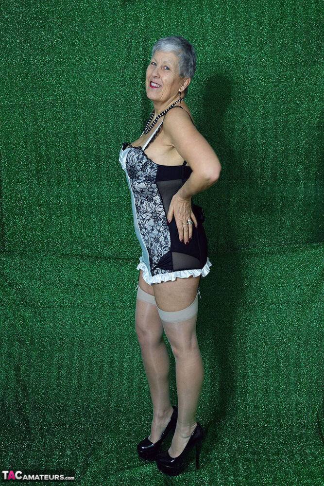 Silver haired granny Savana models sexy lingerie in sheer nylons and heels - #2