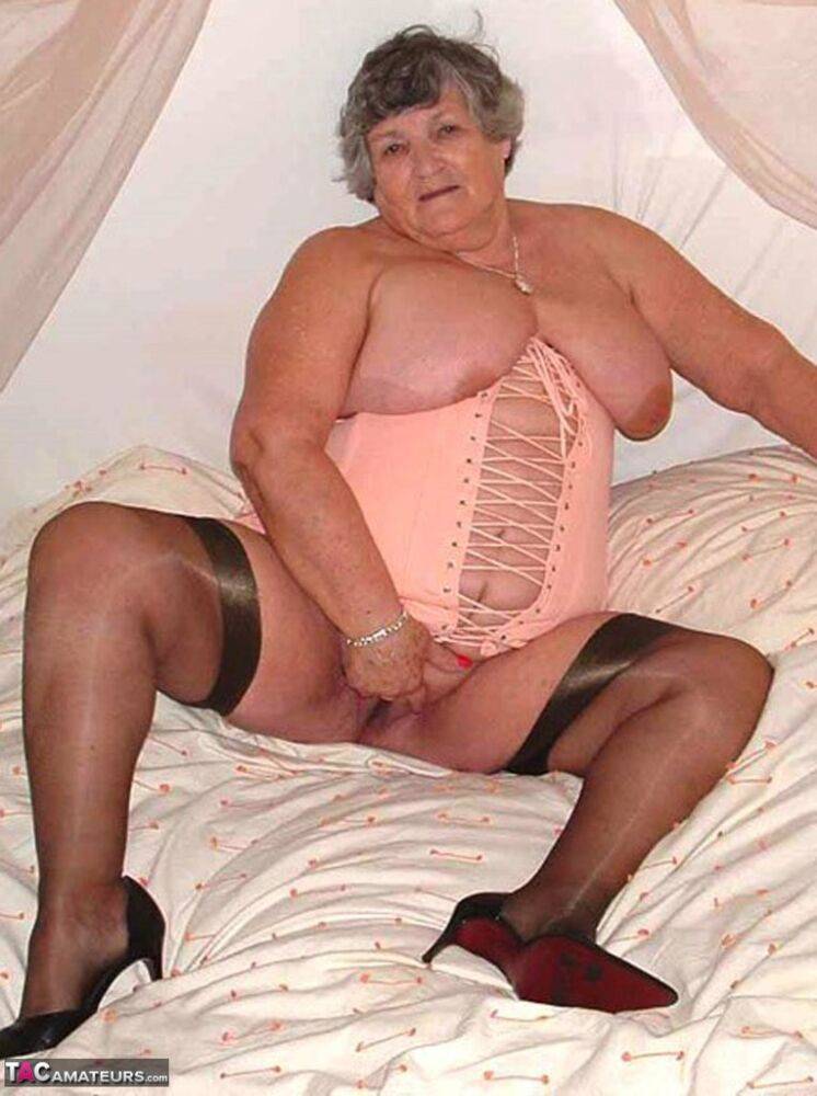 Fat British man Grandma Libby models varying sets of underthings at home - #15