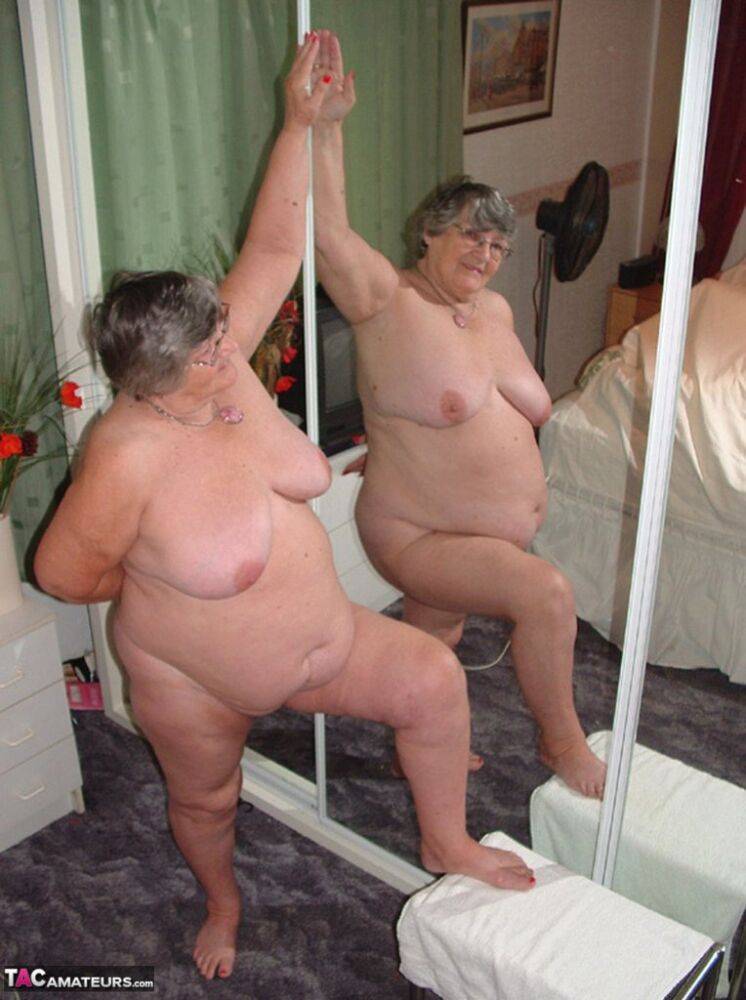 Obese nan Grandma Libby models completely naked in front of a mirror - #4