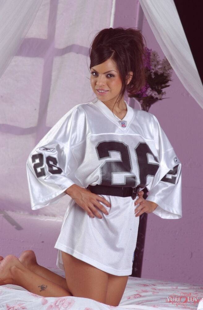 Sexy Latina chick Yuri Luv frees her great tits and booty from football jersey - #12