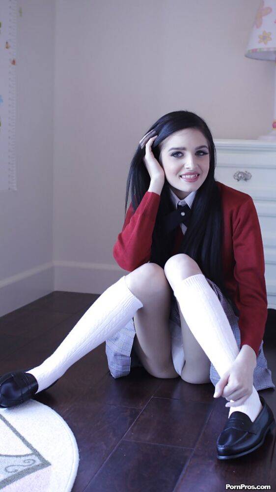 Brunette teen Zoey Kus is doing an undressing scene in white socks - #10
