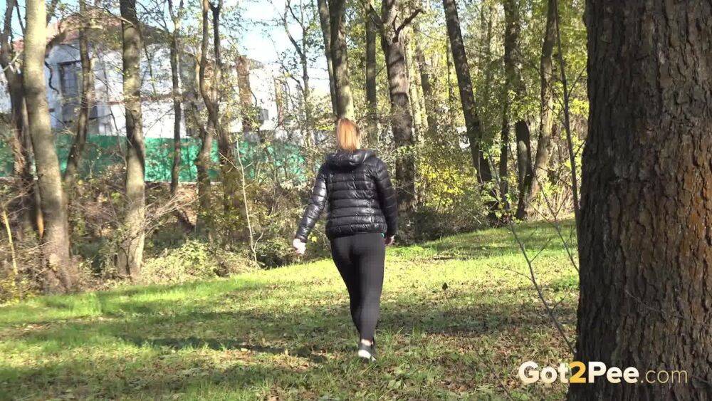 White girl Naomi Bennet takes a piss in a park on a chilly day - #7