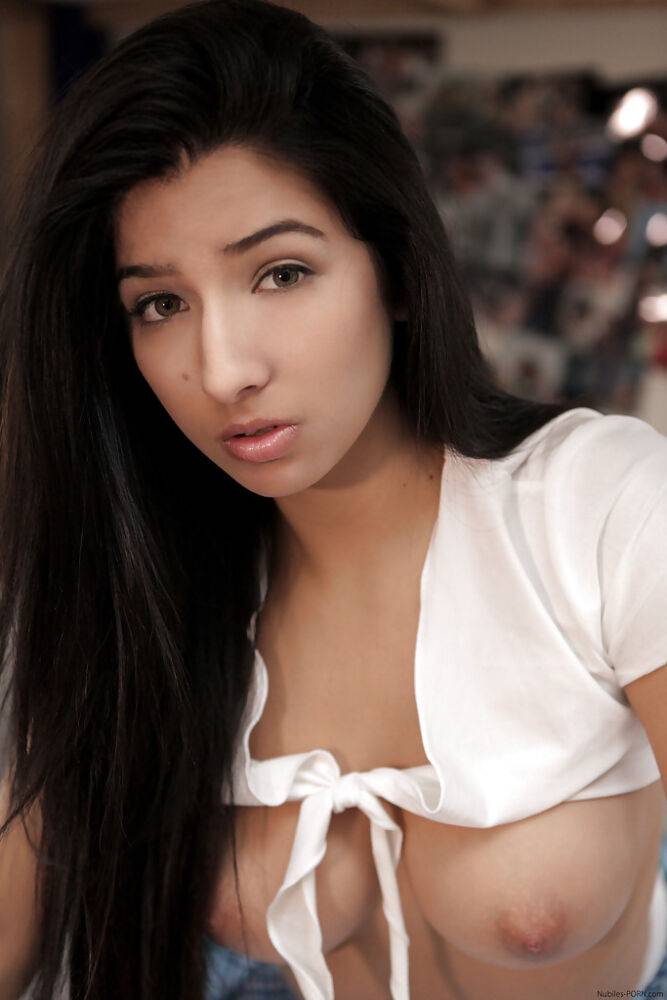 Latina lesbian Megan Salinas poses her shaved teen pussy close up - #2
