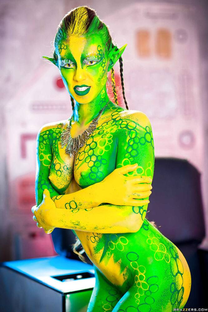 Kinky cosplay chick Tiffany Doll posing in body paint uniform and spreading - #15