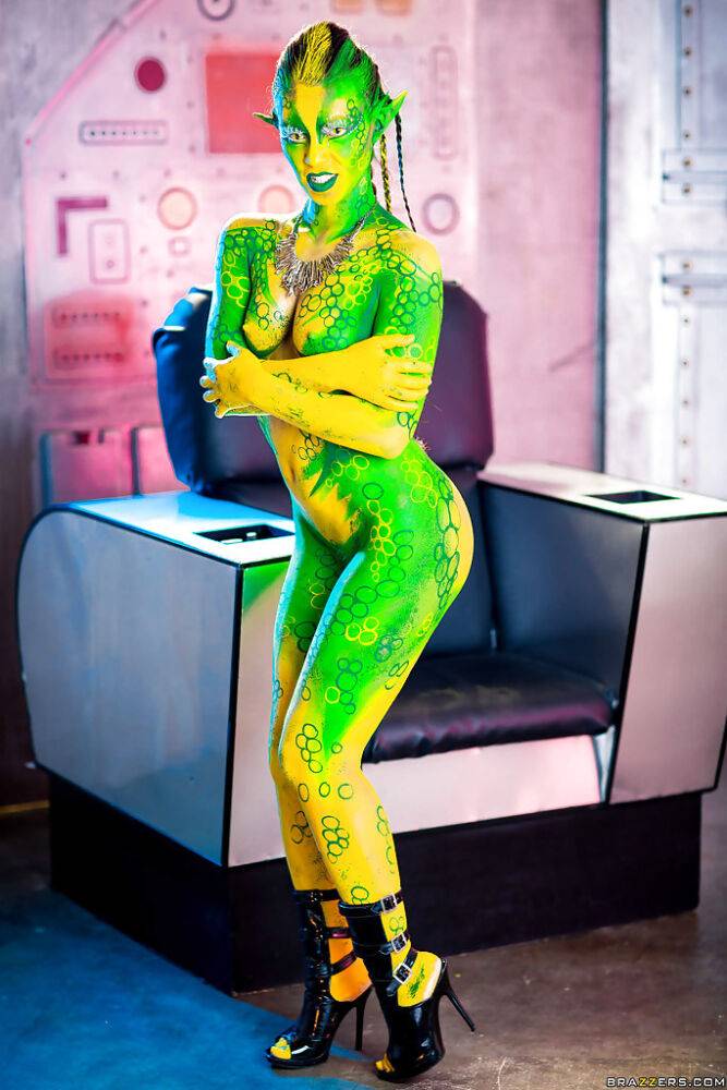 Kinky cosplay chick Tiffany Doll posing in body paint uniform and spreading - #10