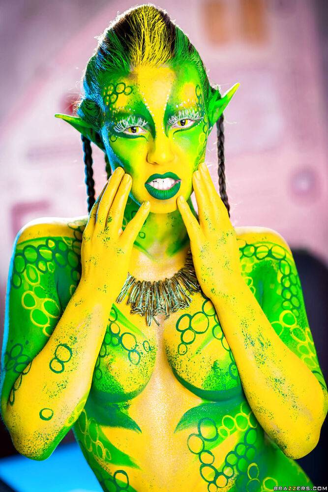 Kinky cosplay chick Tiffany Doll posing in body paint uniform and spreading - #14