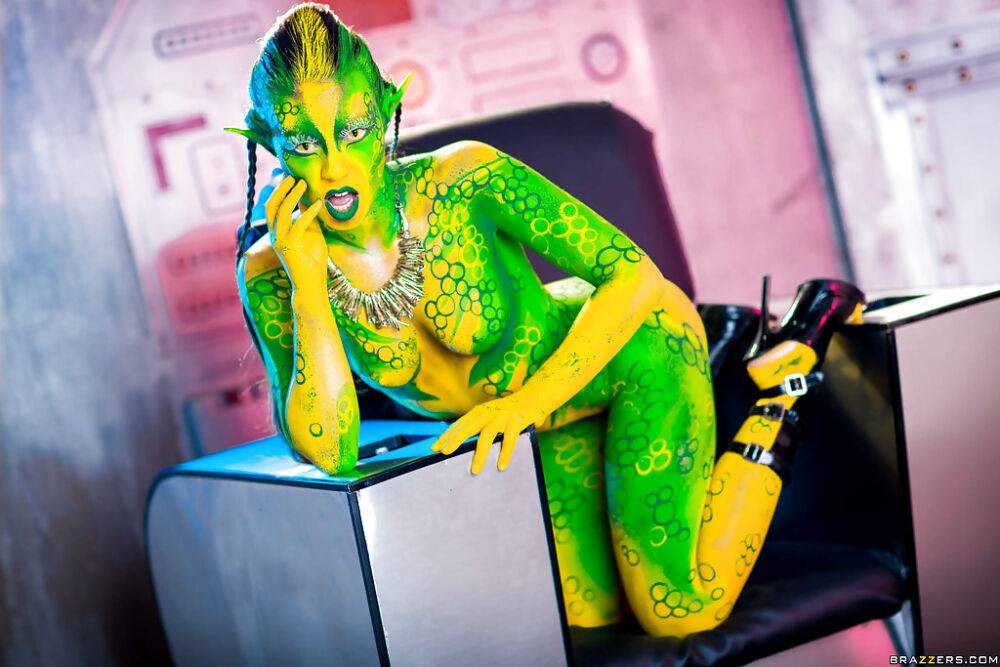 Kinky cosplay chick Tiffany Doll posing in body paint uniform and spreading - #4