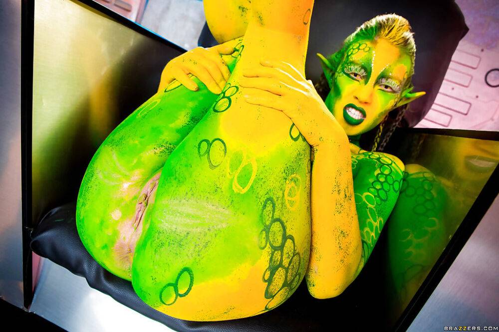 Kinky cosplay chick Tiffany Doll posing in body paint uniform and spreading - #3