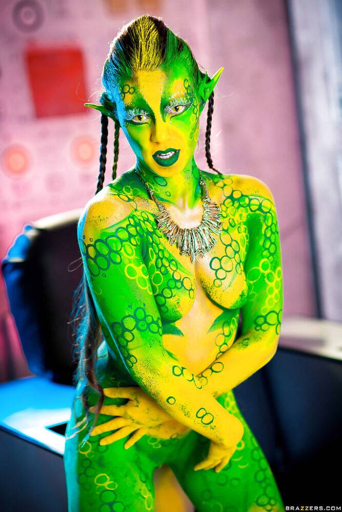 Kinky cosplay chick Tiffany Doll posing in body paint uniform and spreading - #11