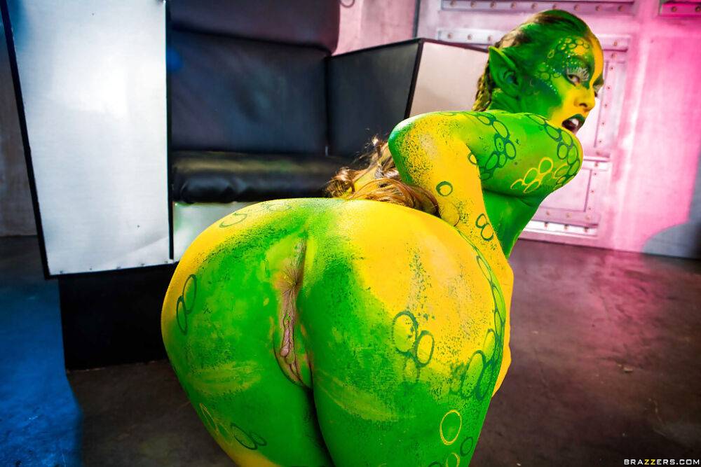 Kinky cosplay chick Tiffany Doll posing in body paint uniform and spreading - #2