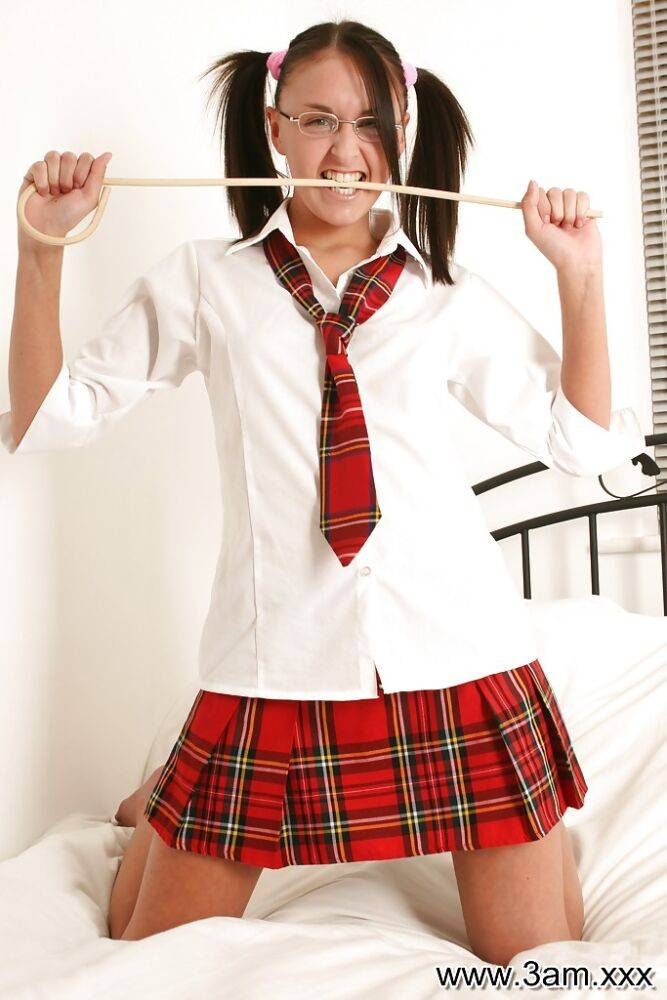 Brunette babe in pigtails and schoolgirl outfit exposing tiny teen tits - #1