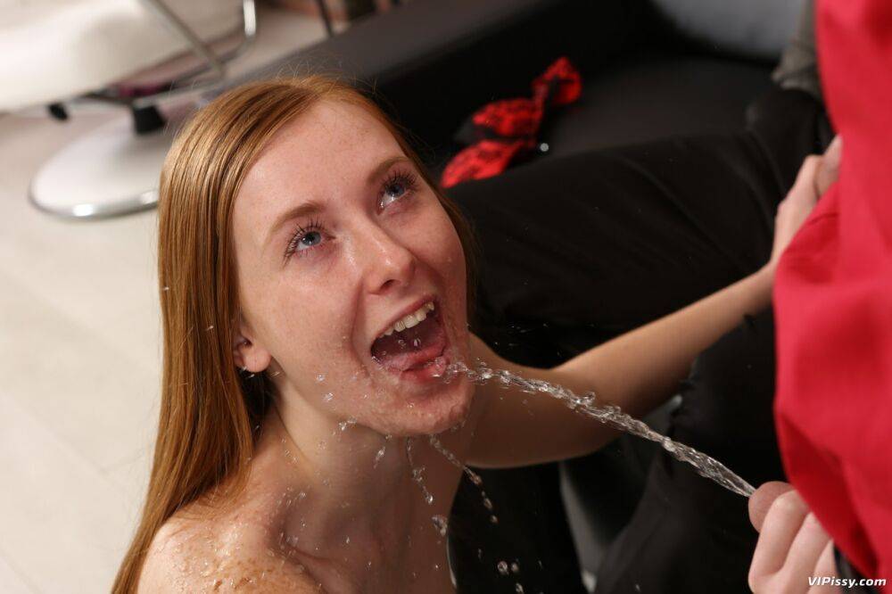 Natural redhead Linda Sweet gets peed and jizzed on during a DP - #2