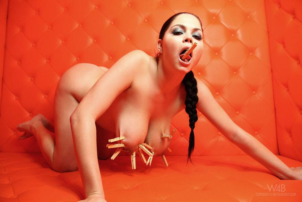 Naked female Shione affixes clothes pegs to her hooters and tongue - #7