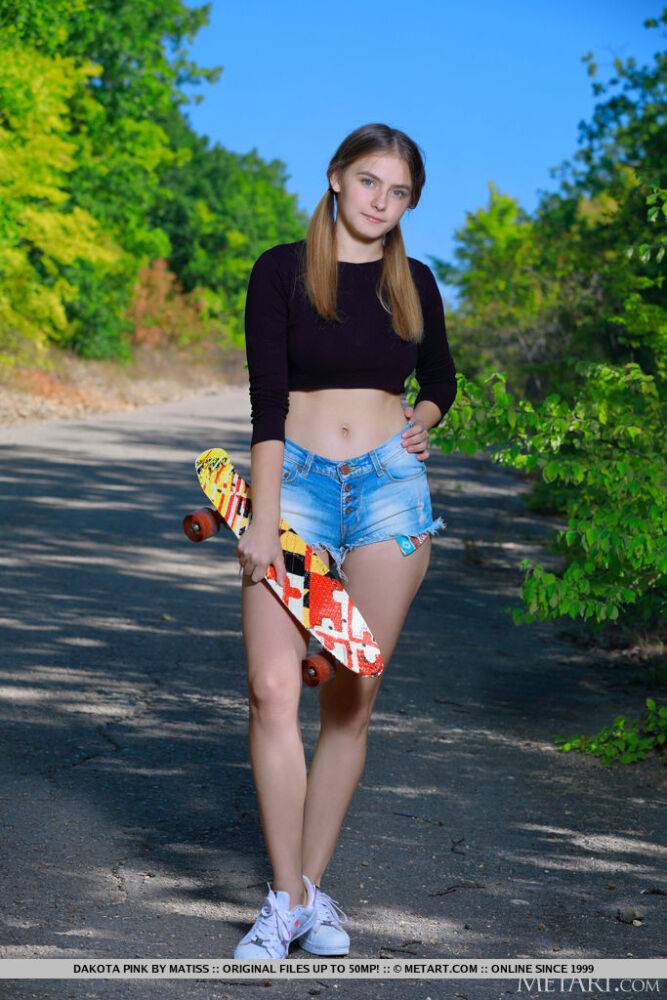 Teen solo girl Dakota Pink bares her heavenly body on a paved road - #3