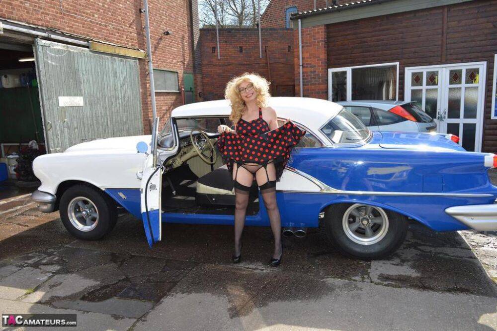 Blond amateur Barby Slut flashes by a vintage auto before sex at home on a bed - #10