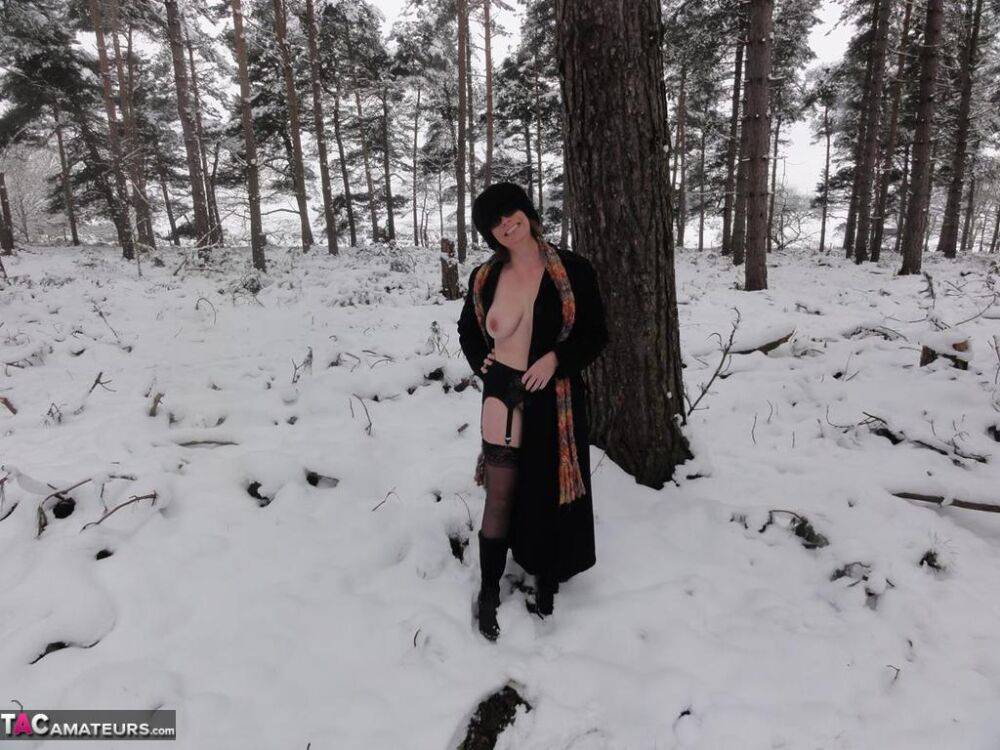 Older amateur Barby Slut exposes herself on snow-covered ground - #2