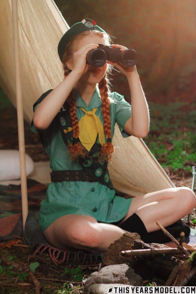 Redheaded Girl Scout Dolly Little gets naked outside her tent in beret - #3