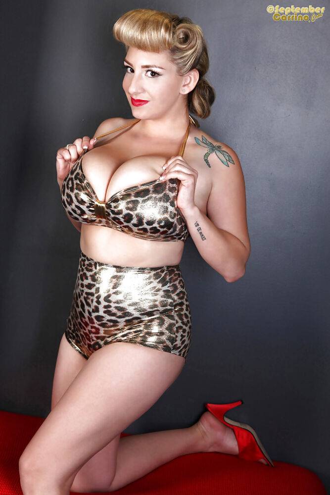 Tattooed blonde September Carrino is demonstrating her giant big boobs - #7