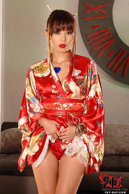 Beautiful Asian model Marica Hase hikes her kimono to finger her pussy - #1