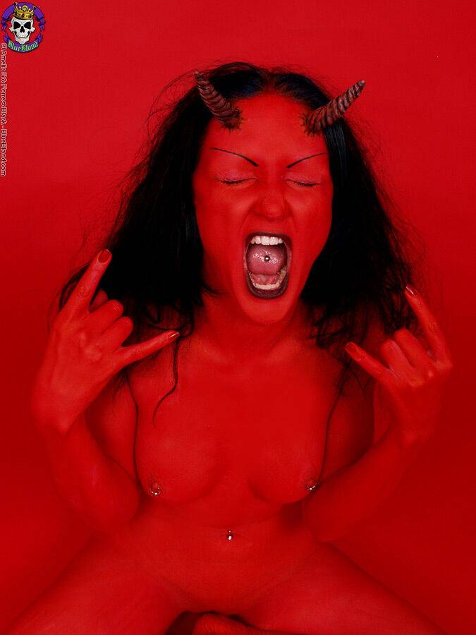 Red demon slut fucks self with devil dildo - #3