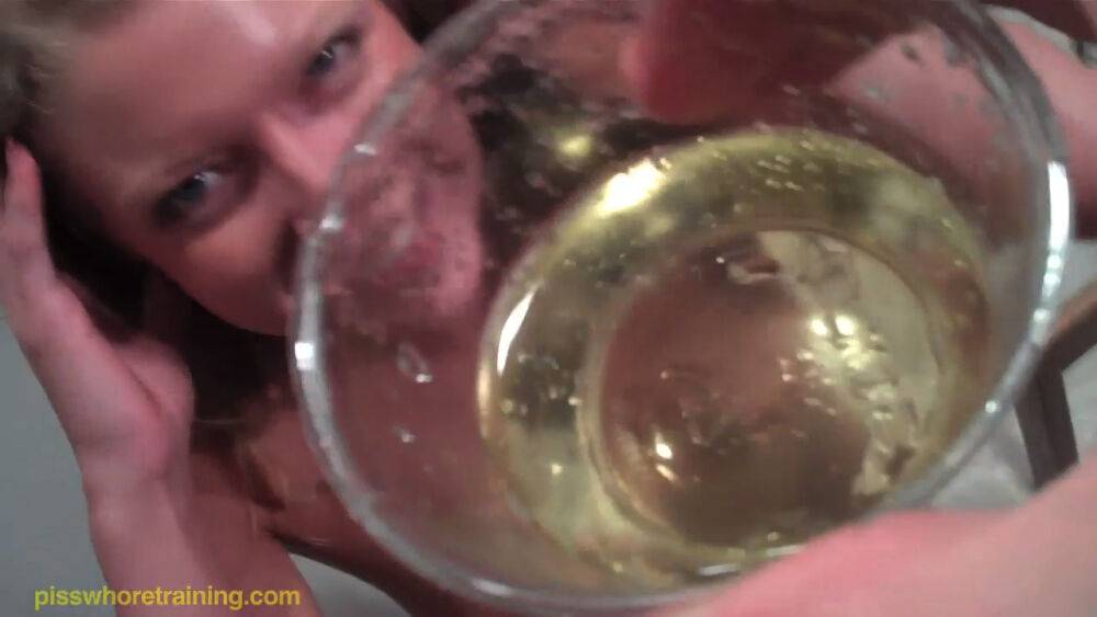 Curly blonde slut drinking piss from bowl - #7