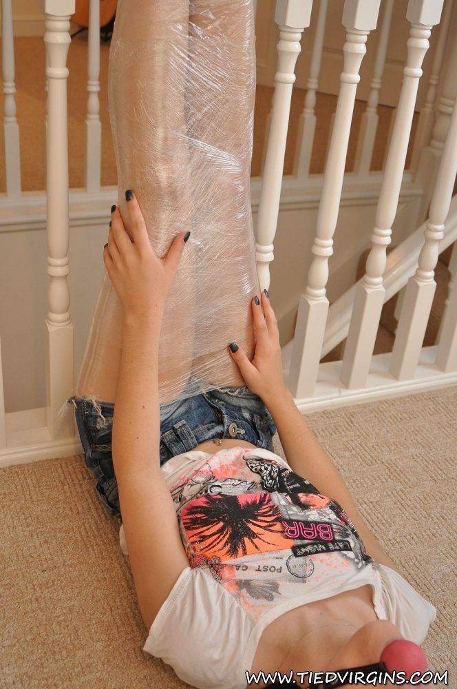 Kacey the Tied Virgin slut wrapped in plastic and gagged - #5