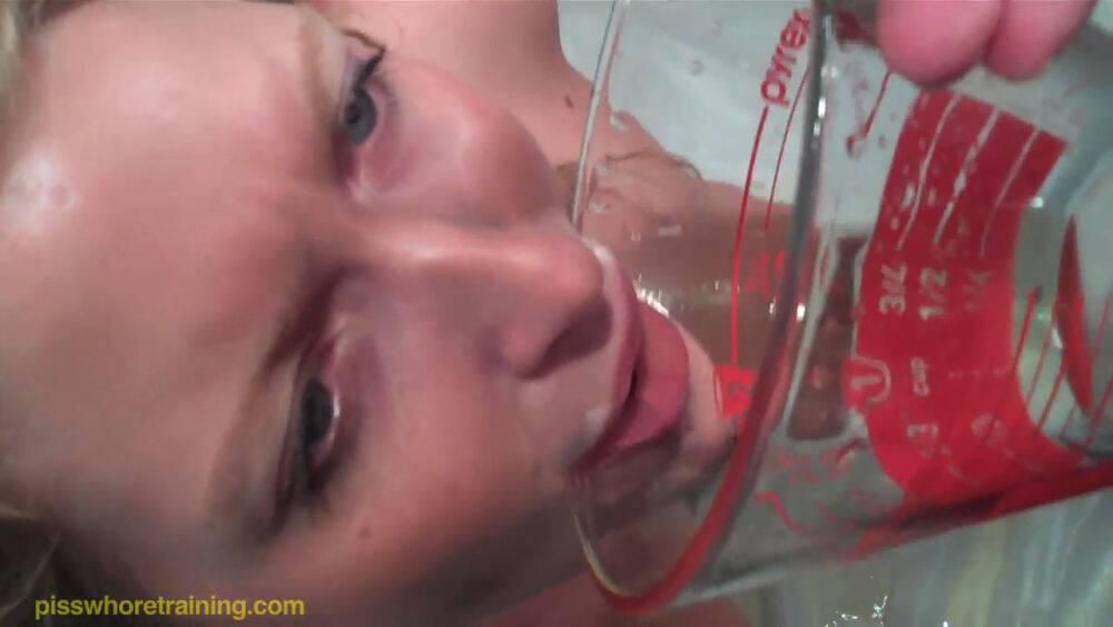 Young blonde slut get to drink her own piss on a glass - #14