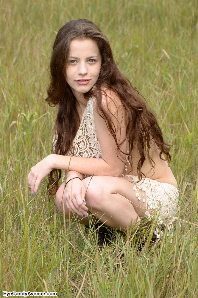 Skinny young girl Iva Nora teases her long hair in a field - #12