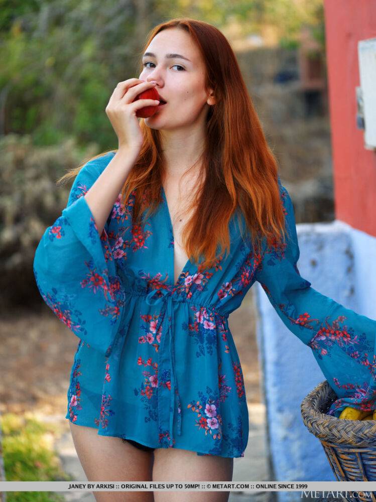 Beautiful red haired Janey takes a bite of an apple, divests her clothing and - #10