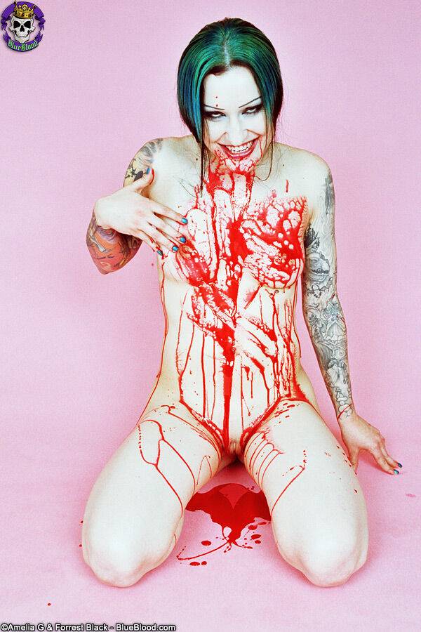 Red spattered pale vampire beauty with great tattoos - #5