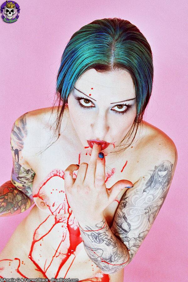 Red spattered pale vampire beauty with great tattoos - #14