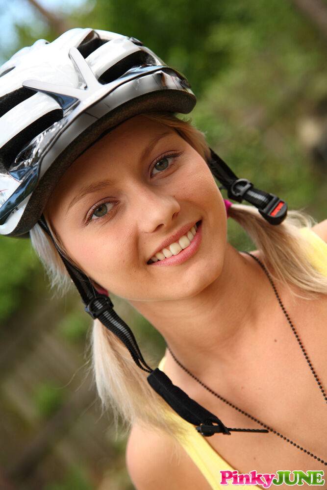 Sweet teen with blonde hair Pinky June masturbates in her bicycle helmet - #2