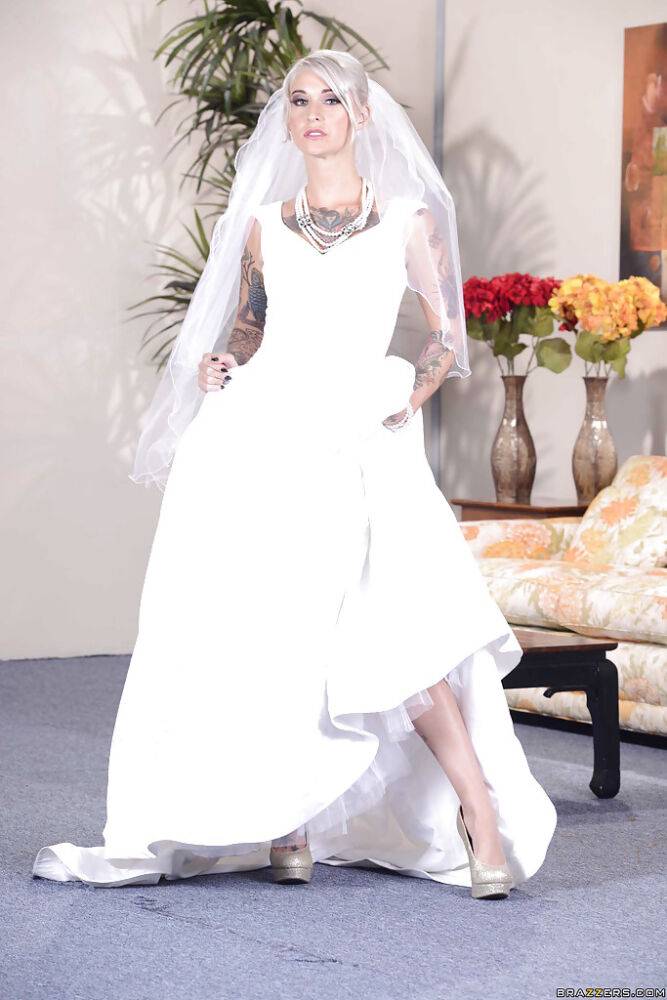 Stunning blonde bride in glamorous dress uncovering her tattooed curves - #10