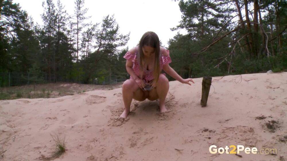 Distressed girl Nastya squats for an urgent piss on a sandbank - #15