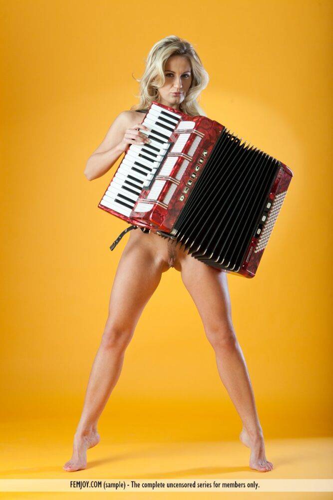 Wild hot blonde Mia T plays accordion naked & kneels to spread wide open - #8